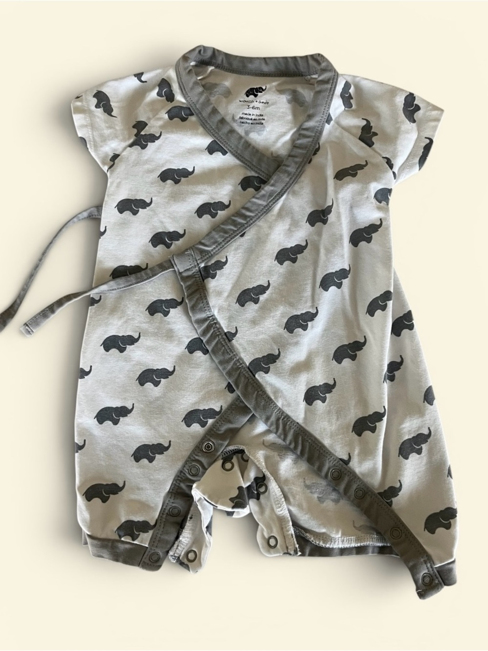 Monica +Andy Gray Elephant Print Wrap-Style Baby One-Piece Bodysuit